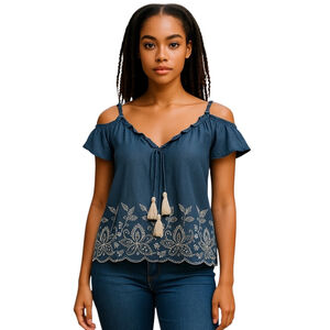 Abercrombie & Fitch Blouse Womens S Blue Cold Shoulder Embroidered Boho Hippie